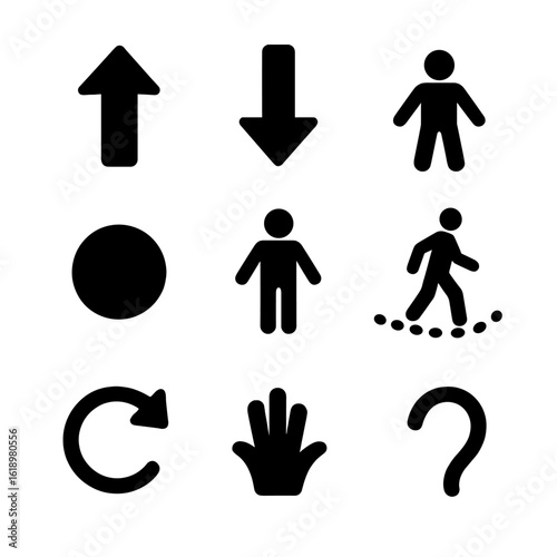Stage Direction Icons. Solid, filled icon set of stage directions: upstage arrow, downstage arrow, stage left, stage right, center