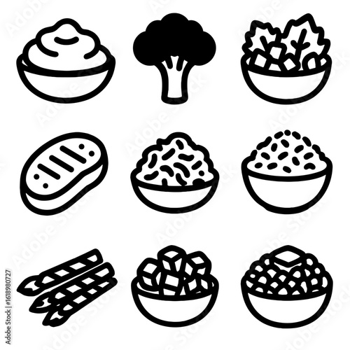 Succulent Meal Icon Set. Solid, filled icon set of succulent meal accompaniments: mashed potatoes, steamed broccoli, Caesar salad,