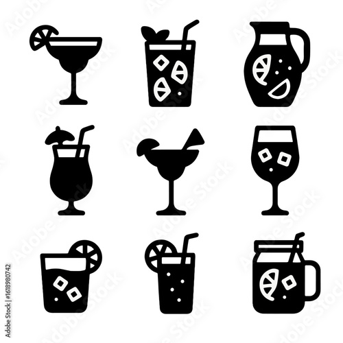 Summer Drink Icons. Solid, filled icon set of summer signature drinks: margarita, mojito, sangria, piña colada, frozen daiquiri,