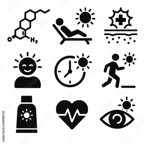 Sunlight and Health Icons. Solid, filled icon set of sunlight in human health: vitamin D molecule, sunbathing person, skin with