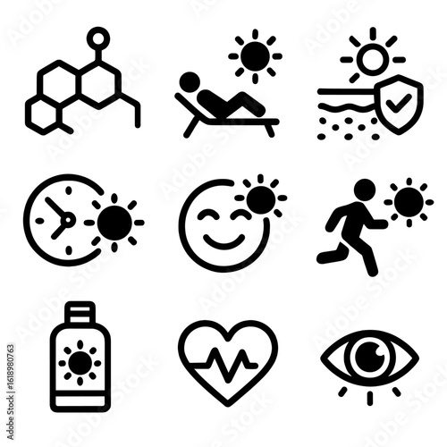 Sunlight and Health Icons. Solid, filled icon set of sunlight in human health: vitamin D molecule, sunbathing person, skin with