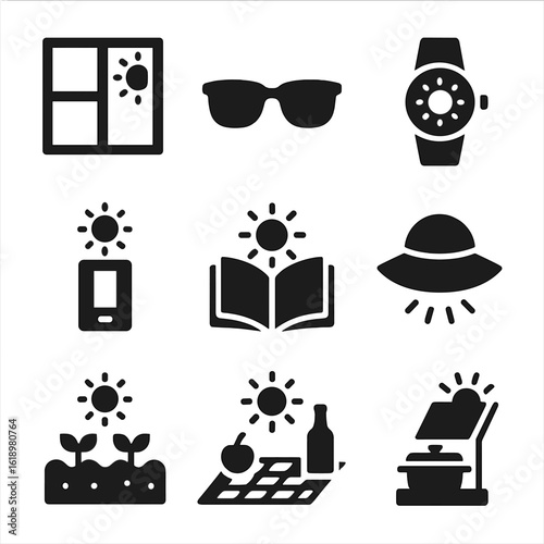 Sunlight Icon Grid. Solid, filled icon set of sunlight in daily life: window with sunlight, sunglasses, solar watch, solar charger