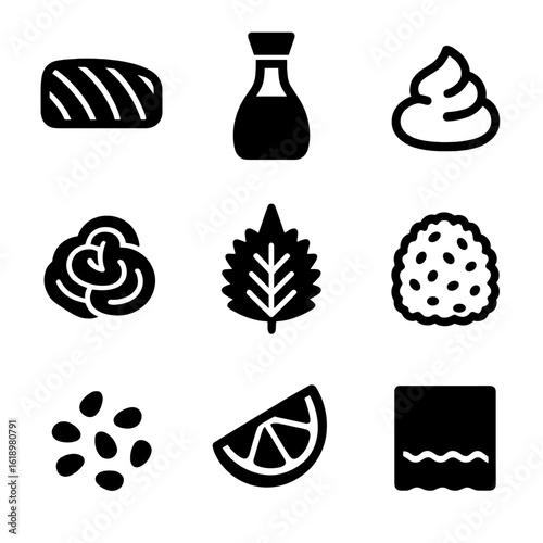 Sushi Ingredient Icons. Solid, filled icon set of sushi ingredients and condiments: tuna sashimi, soy sauce, wasabi, pickled