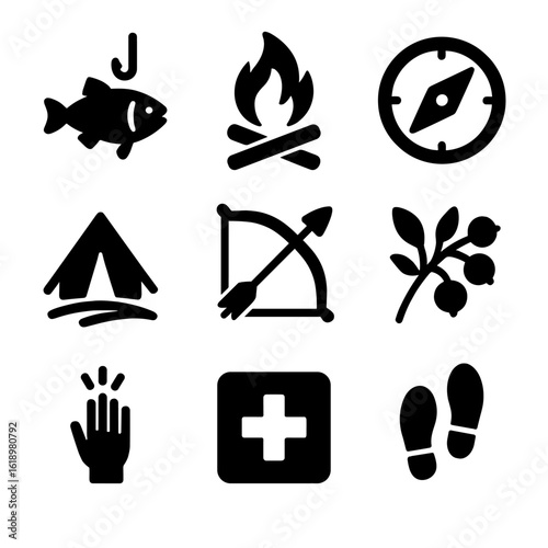 Survival Skills Icons Grid. Solid, filled icon set of survival skills: fishing, fire making, navigation, shelter building, hunting