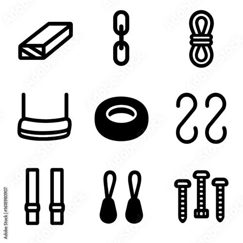 Swing Material Icons. Solid, filled icon set of Materials for swing construction: wood plank, metal chain, nylon rope, plastic