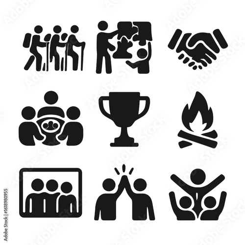Team Building Icons. Solid, filled icon set of team building activities: group hiking, puzzle solving, handshake, shared meal,