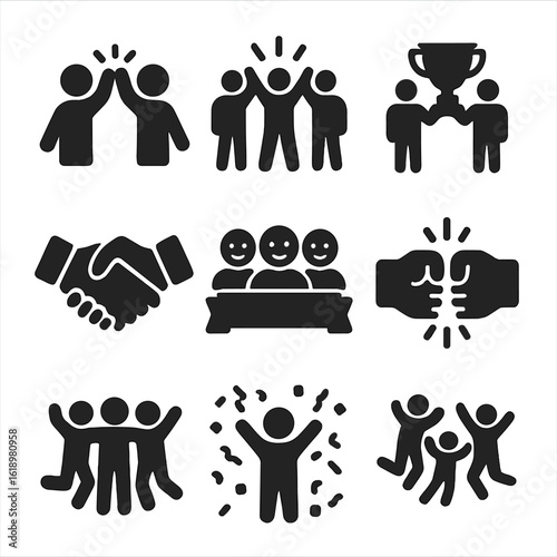 Team Celebration Icons. Solid, filled icon set of team celebration: high five, group cheer, team trophy, handshake, success banner