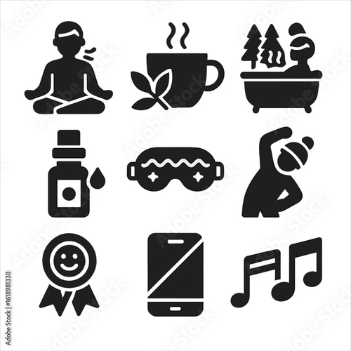 Holiday Wellness Icons. Solid style icons of holiday wellness rituals: breathwork pose, calming herbal tea, pine-scented bath,