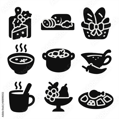Festive Food Icons. Solid style icons of Christmas food culture: cheese board with wreath, charcuterie icon, bread basket with bow