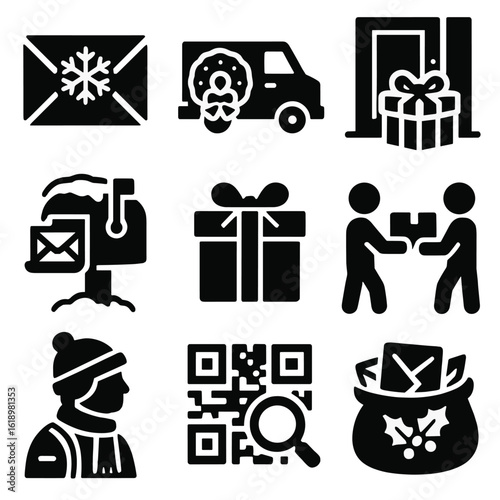 Festive Mail Delivery Icons. Solid style icons of mail and delivery for Christmas: holiday envelope, mail truck with wreath, gift