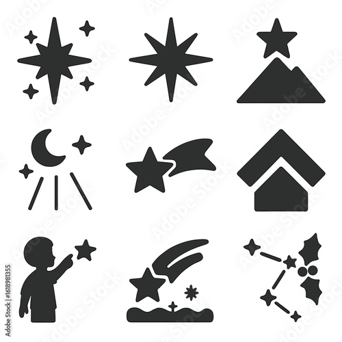 Symbolic Star Icons. Solid style icons of symbolic stars and light: guiding star, starburst icon, star on mountain, night sky with