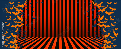 Horizontal holidays Halloween banner, poster with black bats on the orange, yellow with black stripes background. Halloween background with swarm of bats on orange sky. Vector with a place for text.