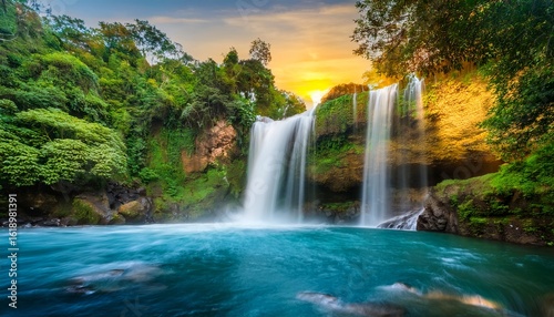a waterfall with a green forest in the background the waterfall is surrounded by green plants and trees the water is blue and the sky is yellow the scene is peaceful and serene