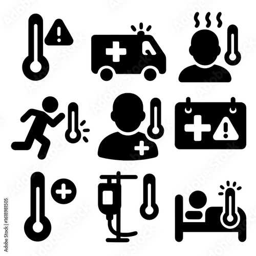 Medical Emergency Icons. Solid style icons of medical emergency indicators with thermometers: red alert thermometer, ambulance
