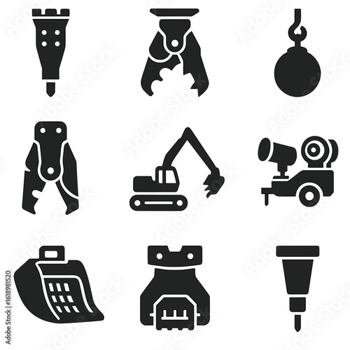 Demolition Machinery Icons. Solid style icons of demolition machinery: hydraulic breaker, pulverizer, wrecking ball, shear