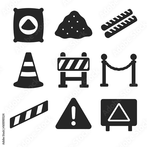 Construction Icons Set. Solid style icons of construction accessories: cement bag, gravel pile, rebar stack, construction cone,