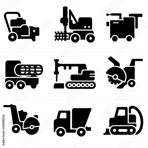 Construction Icon Set. Solid style icons of specialized machines: steel bar cutter, pile cutter, rebar bender, steel cage welder,