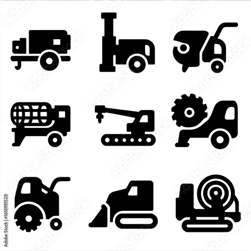 Construction Icon Set. Solid style icons of specialized machines: steel bar cutter, pile cutter, rebar bender, steel cage welder,