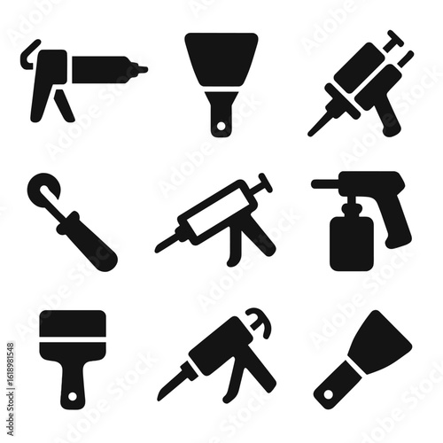 Gluing and Sealing Tools. Solid style icons of gluing and sealing tools: caulk gun, glue spreader, epoxy applicator, sealant