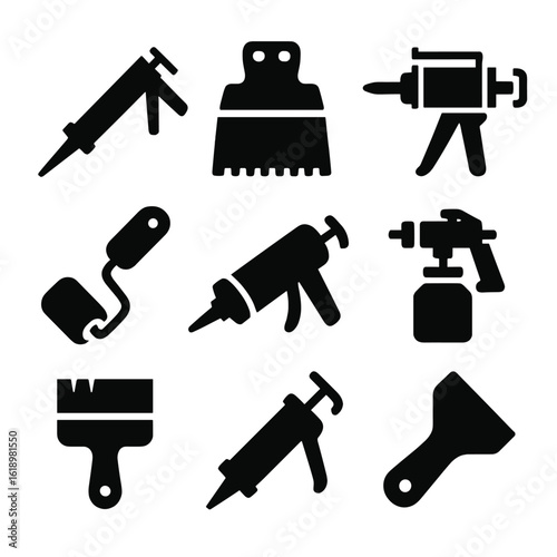 Gluing and Sealing Tools. Solid style icons of gluing and sealing tools: caulk gun, glue spreader, epoxy applicator, sealant