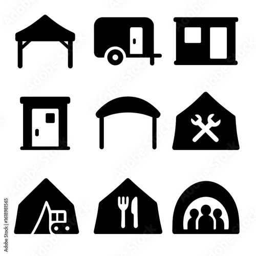Temporary Shelter Icons. Solid style icons of temporary structures and shelters: tent canopy, mobile shelter, break room unit,