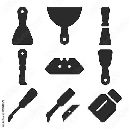 Multipurpose Blade Icons. Solid style icons of multipurpose blade tools: putty knife, drywall knife, floor scraper, gasket scraper