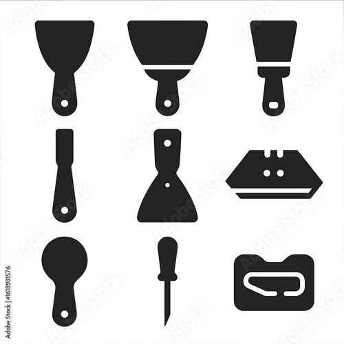 Multipurpose Blade Icons. Solid style icons of multipurpose blade tools: putty knife, drywall knife, floor scraper, gasket scraper