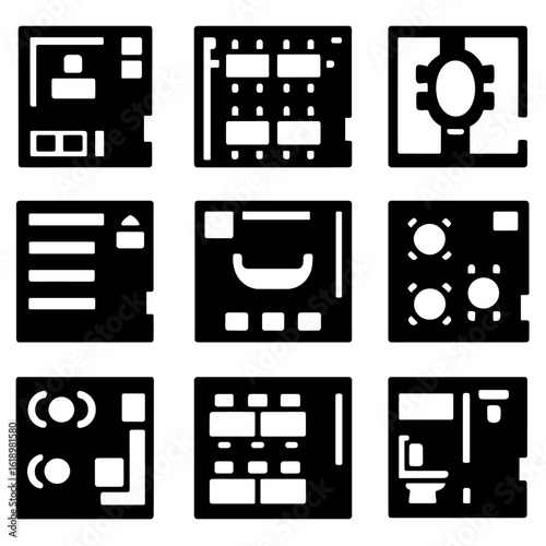Solid Style Space Plans. Solid style icons of commercial space plans: office layout, coworking floor plan, conference room plan,