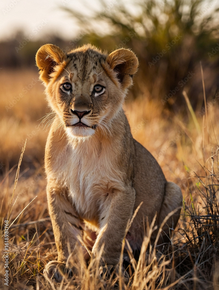 Obraz premium Baby Lion Sitting on the Savannah Grass at Sunset – Wildlife Portrait