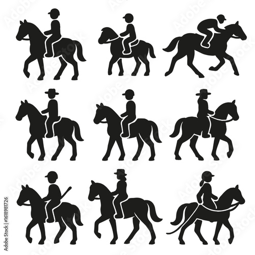 Solid Horse Riders Icons. Solid style icons of horses and riders: mounted rider, child on pony, jockey on racehorse, cowboy riding