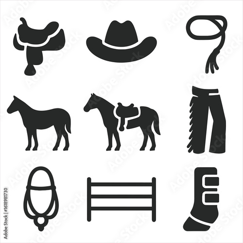 Western Riding Icons. Solid style icons of western riding style: western saddle, cowboy hat, lasso rope, chaps, quarter horse