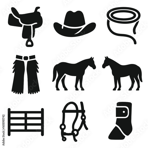 Western Riding Icons. Solid style icons of western riding style: western saddle, cowboy hat, lasso rope, chaps, quarter horse