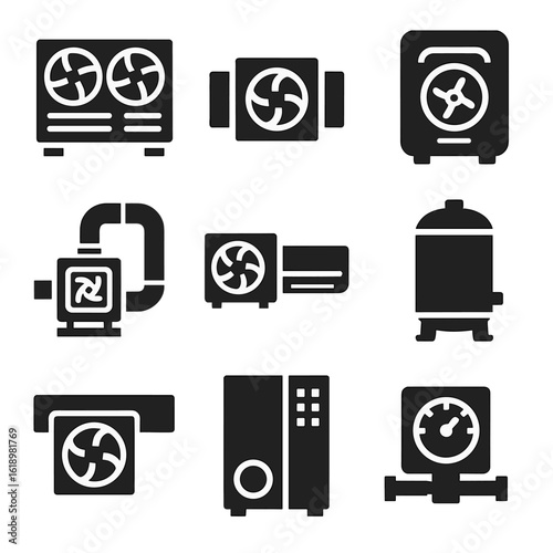 Solid HVAC Icons. Solid style icons of HVAC and building compressors: rooftop air unit, duct compressor, indoor air booster, HVAC