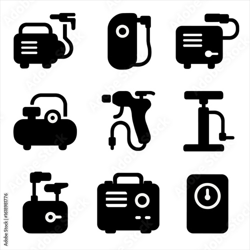 Compact Compressor Icons. Solid style icons of compact and mini compressors: mini tankless compressor, palm-size inflator,