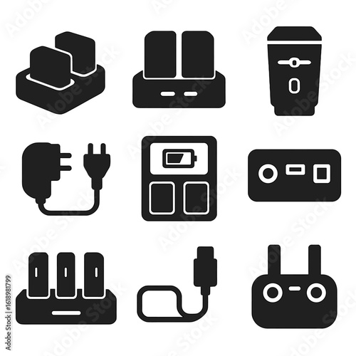 Camera and Drone Gear. Solid style icons of camera and drone charging gear: camera battery dock, dual camera charger, drone