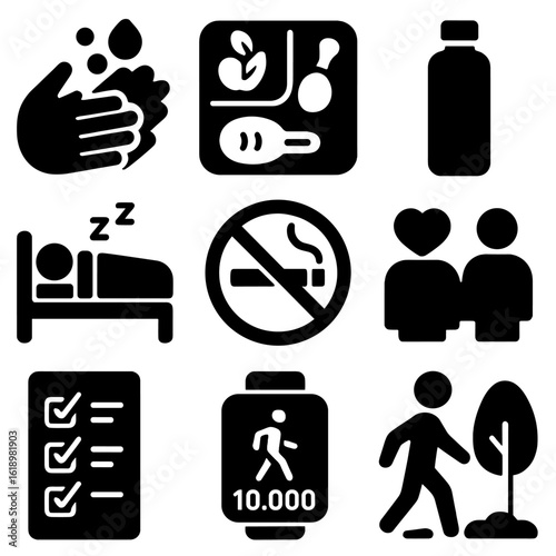 Healthy Lifestyle Icons. Solid style icons of healthy lifestyle habits: hand washing, meal prep tray, reusable bottle, early