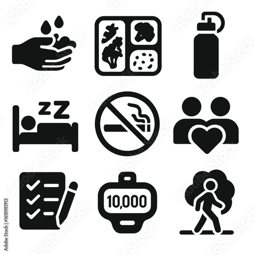 Healthy Lifestyle Icons. Solid style icons of healthy lifestyle habits: hand washing, meal prep tray, reusable bottle, early