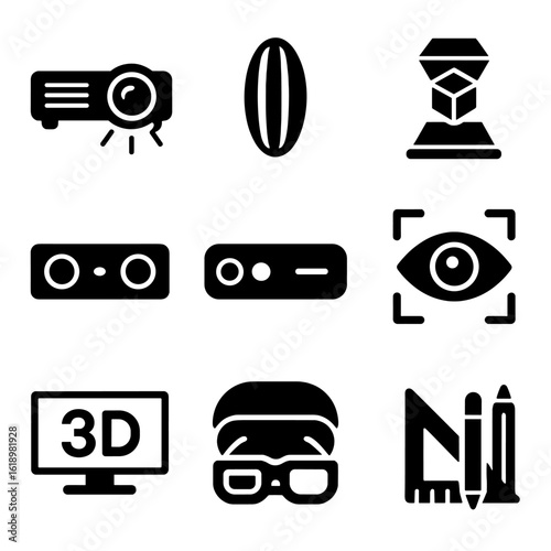3D Technology Icons. Solid, filled icon set of 3D viewing technology: 3D projector, lenticular lens, hologram, stereo camera,