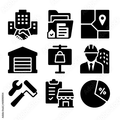 Commercial Real Estate Icons. Solid style icons of commercial real estate deals: office building deal, lease agreement folder,