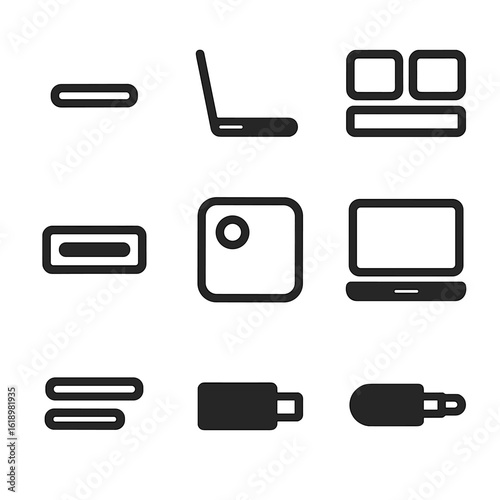 Technology Gaps Icons. Solid, filled icon set of small gap in technology: tiny phone speaker slit, slim laptop hinge gap, narrow
