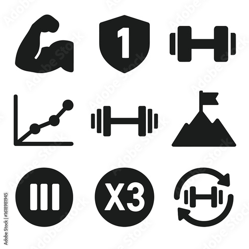 Strength Icons Collection. Solid style icons of strength progression visuals: flexing arm, 1RM badge, heavier dumbbell icon,