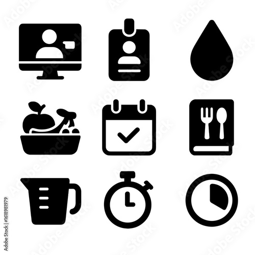 Telehealth Nutrition Icons. Solid, filled icon set of telehealth nutrition tools: computer screen, virtual meeting, dietitian