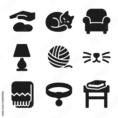 Tender Cat Care Icons. Solid, filled icon set of tender cat care: stroking hand, curled cat, plush couch, warm lamp, yarn ball,