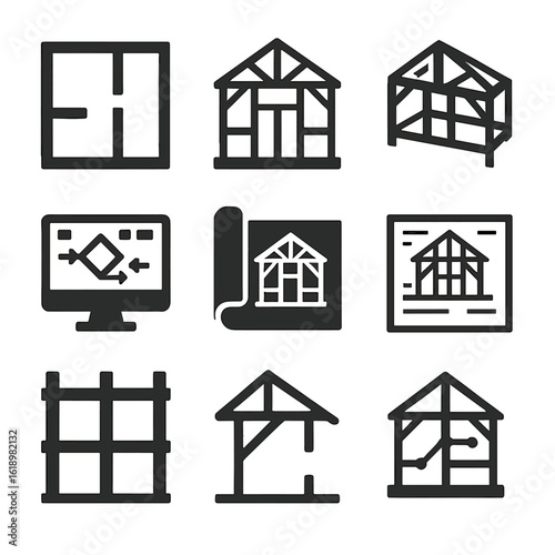 Timber Framing Icons. Solid, filled icon set of timber framing design elements: floor plan, elevation drawing, 3D model, CAD