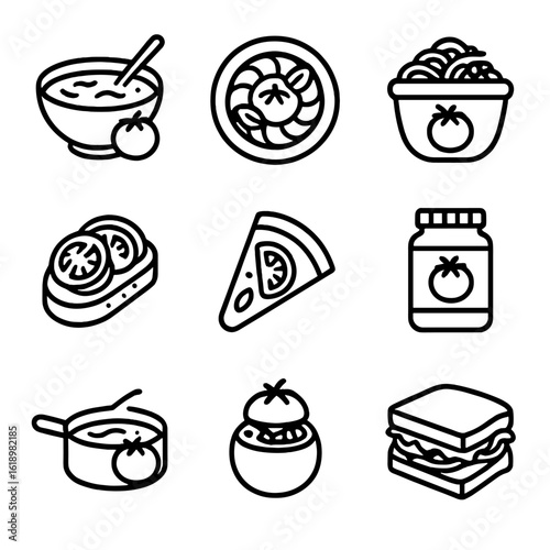 Tomato Dish Icons. Solid, filled icon set of Tomato dishes: tomato soup bowl, caprese salad, tomato pasta, bruschetta, pizza slice