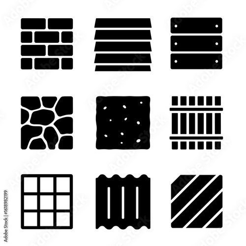 House Facade Materials Icons. Solid style icons of house façade materials: brick wall pattern, wooden siding, vinyl panel, stone