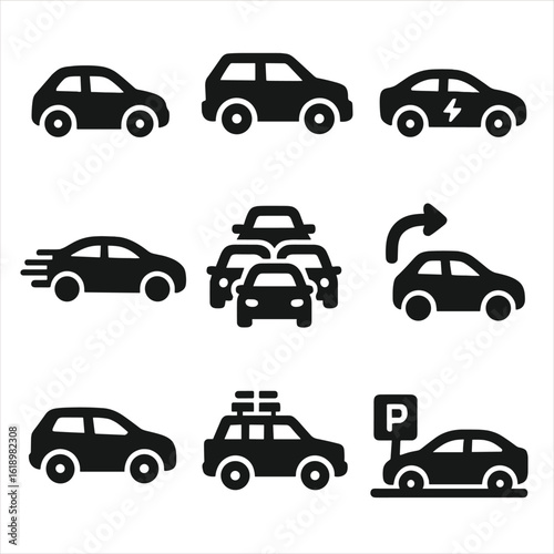 Solid Transport Icons. Solid style icons of cars and road transport: compact city car, SUV, electric vehicle, sedan with speed