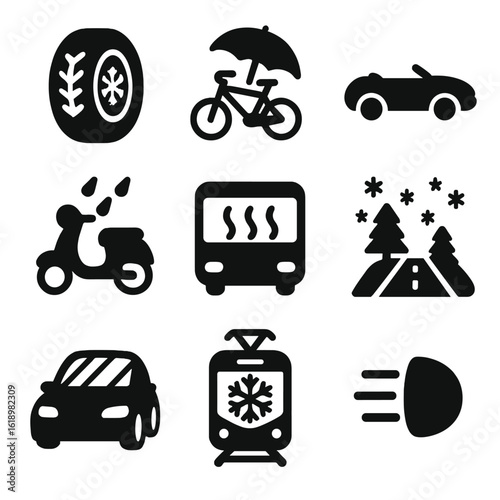 Seasonal Transportation Icons. Solid style icons of seasonal transportation: winter snow tires, bike with umbrella, summer