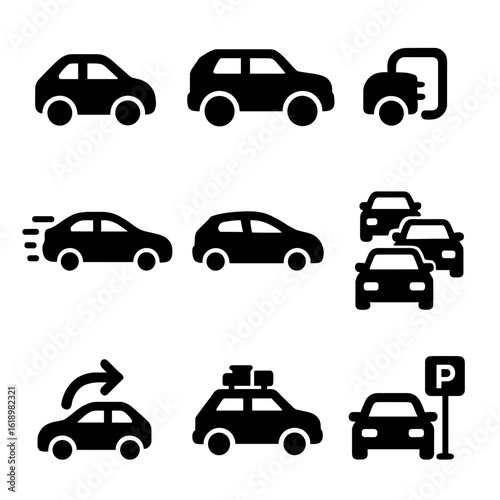 Solid Transport Icons. Solid style icons of cars and road transport: compact city car, SUV, electric vehicle, sedan with speed