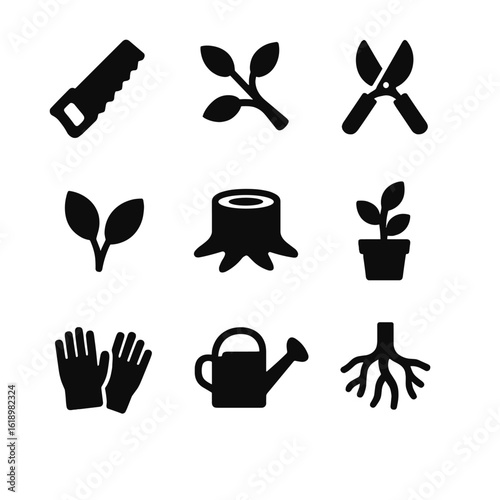 Tree Cutting Icons. Solid, filled icon set of tree cutting: saw, branch, leaves, pruning shears, stump, plant pot, gloves, water